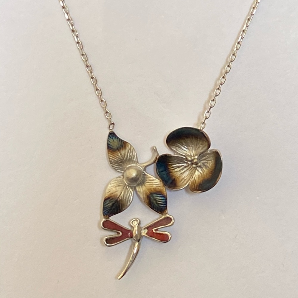 925 Silver red dragonfly lotus flower necklace